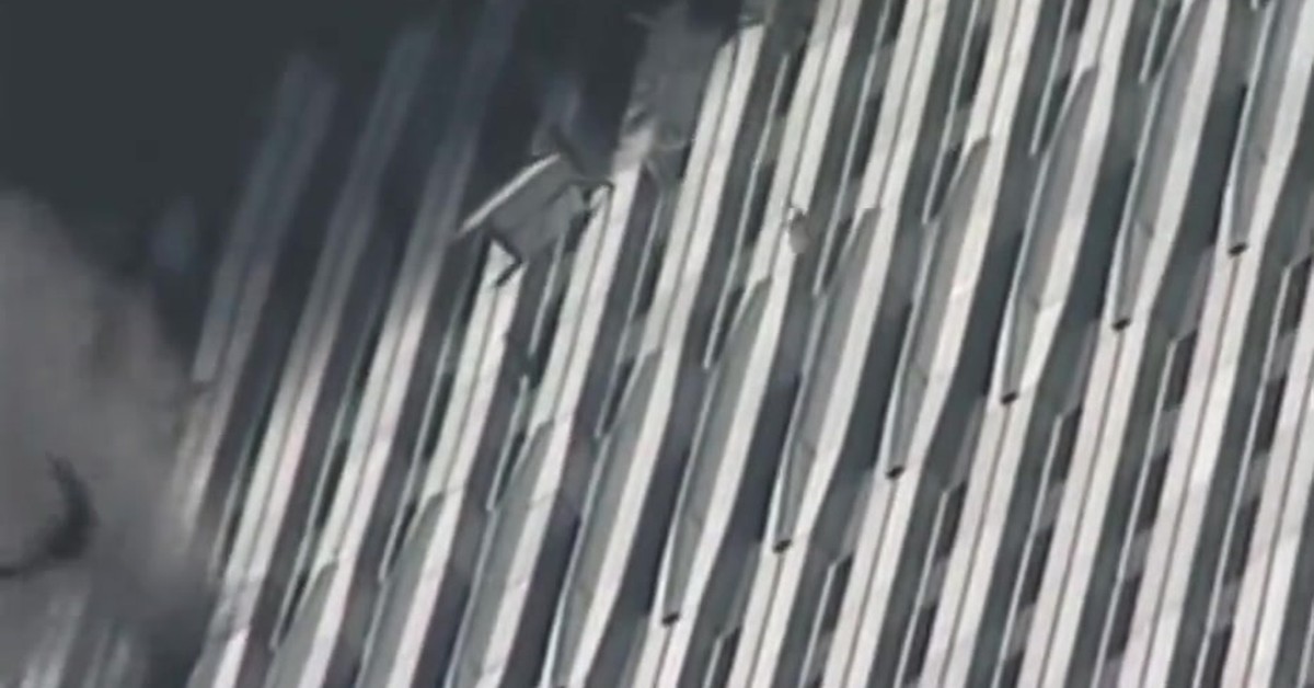 dude getting blown out of a window on 9/11 as pre-demolition charges weakened the building….