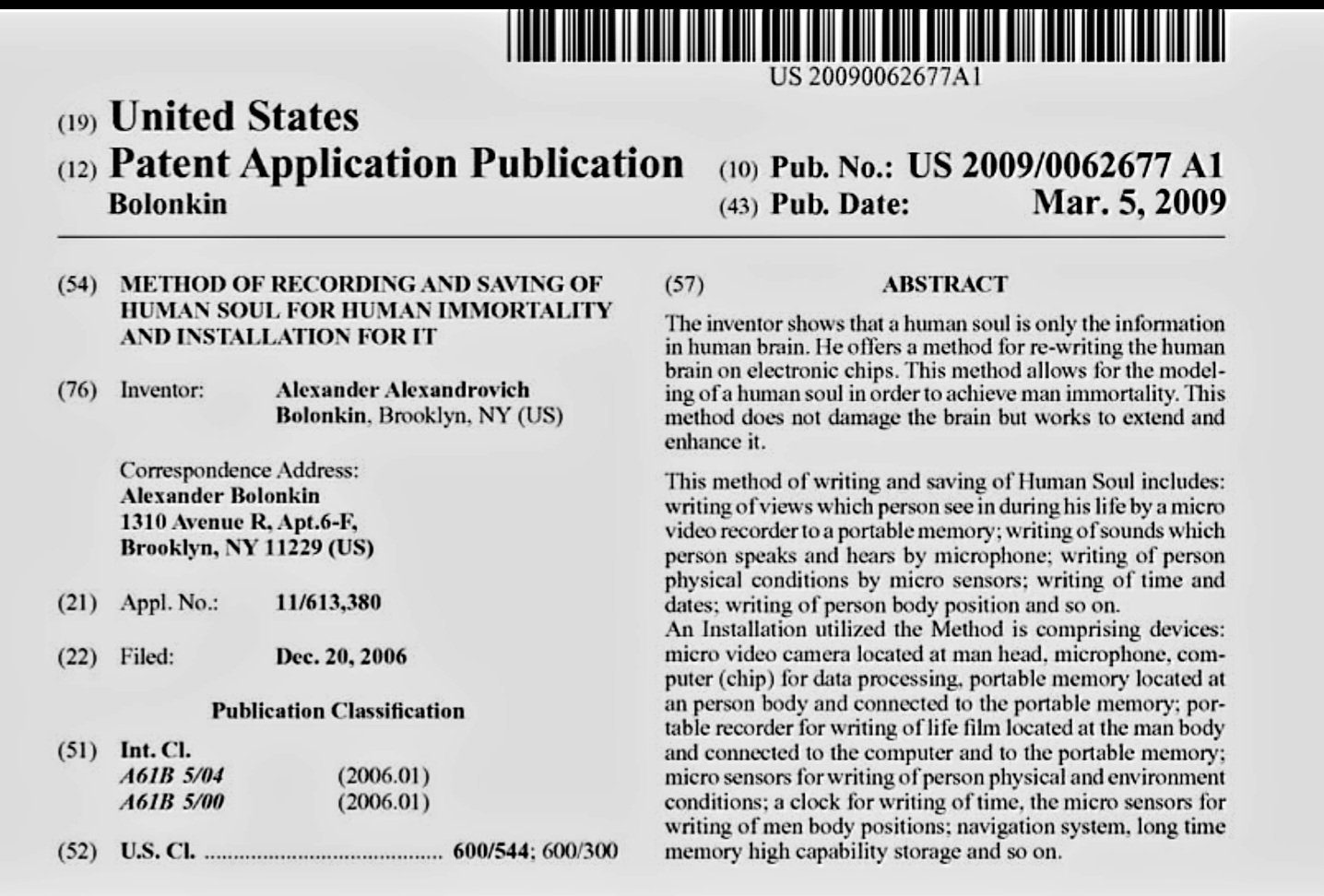 US Patent Application 2009/0062677 A1
