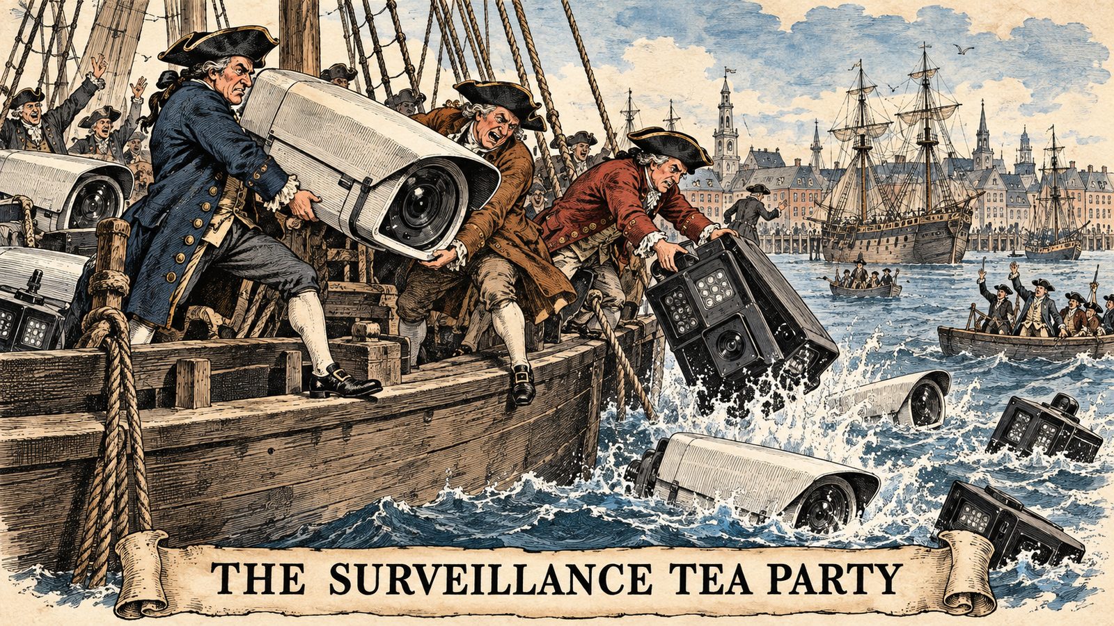 The Surveillance Tea Party - colonists dumping CCTV cameras into Boston Harbor